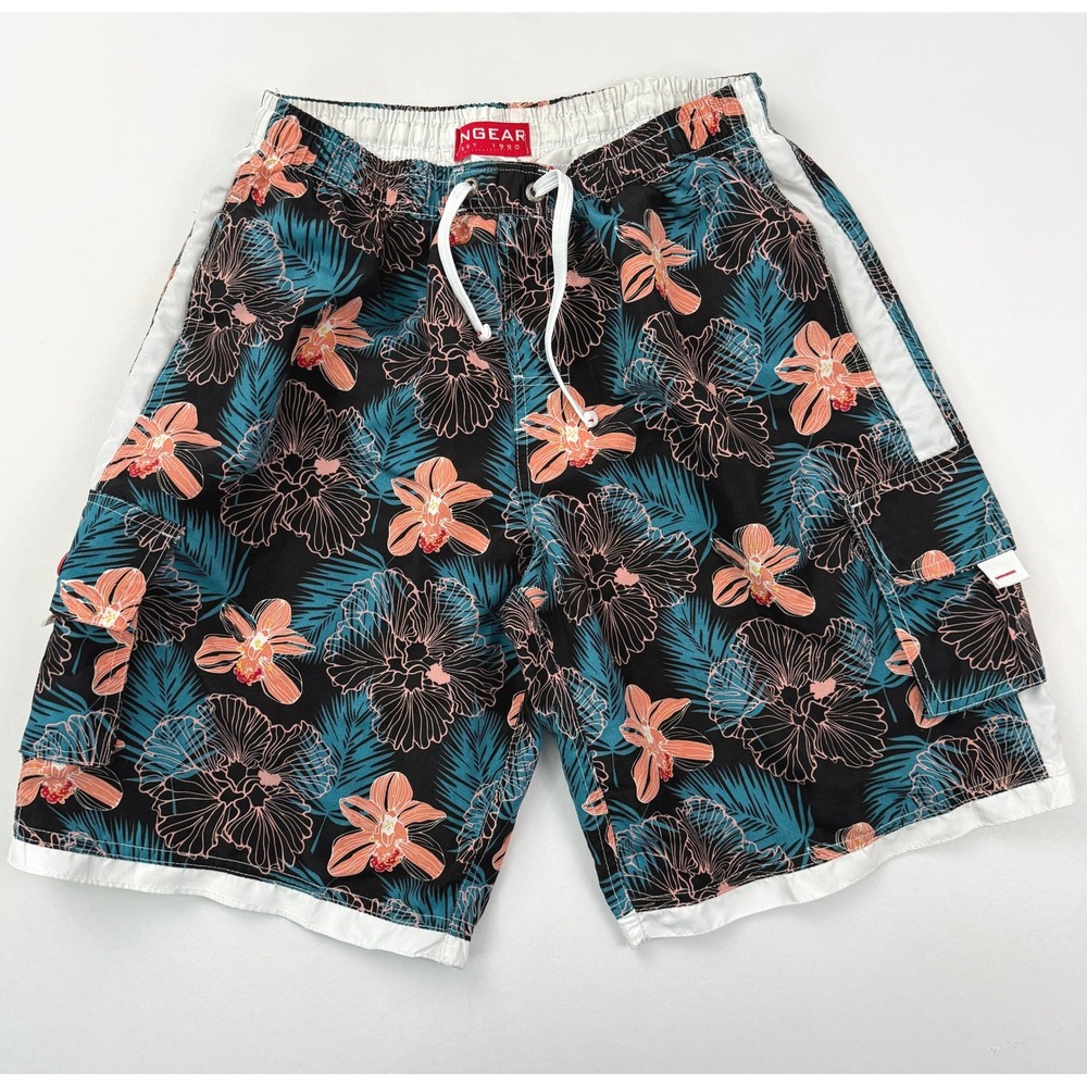 Ingear Floral Swim Trunks Tropical Beach Cargo Shorts White Trim‎ Large